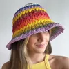 Spring Summer Rainbow Woven Straw Hat Bucket Hat Sunblock Shade Wide Brim Hat Breathable Fisherman Hats Beach Straw Cap 240323