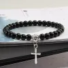 Strands 6mm Boho Natural Blue Beads Bracelet Men Cross Pendant Black Volcanic Stone Strand Bracelets for Women Charm Fashion Jewelry