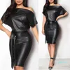 Casual jurken zwarte asymmetrische sexy faux lederen bodycon jurk vrouwen zomer lange mouw