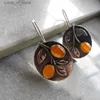 Dangle Chandelier Vintage Silver Color Leaf Orange Stone Earring Engraved Oval Metal Plant Hook Earrings for Women Jewelry H240423