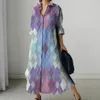 Casual Dresses 2024 Fun Button Draped Shoulder Curved Hem Dress Long Sleeve Shirt Collar Cardigan Fall Maxi Jacket Digital Print