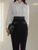 Vestidos de trabalho estilo moda senhora comrução formal 2 peças roupas femininas roupas elegantes blusas de camisa branca e skia preta