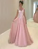 Superbe robe de bal Long Blush Pink Evening Party Robes une ligne illusion V Col Voir à travers le fond de la longueur du sol 3235472