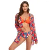 Frauen Badebekleidung sexy Frauen Bikini mit Chiffon Deck -Abdeckung Blumendruck Push Badeanzug Ring Badeanzug Brasilianische Biquini Langarm