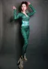 Stage Wear Women Green Rhinestone Girdle Elastic Tights Nightclub Jumpsuits Crystals Bodycon Performance Costumes Dance Clothes