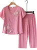 Malhas femininas Pijama de 60 anos de linho de algodão Mãe de meia-idade e vestido idoso avó de verão de manga curta
