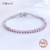 Fios sólidos reais 925 Metal prateado 1521 cm Bracelete de tênis Pavimento completo 3 mm de zircão rosa redondo jóias finas para mulheres