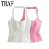 TRAF Pink White Halter Top Female Off Shoulder Crop Tops Women Sleeveless Backless Sexy Woman Top Summer Short Tank Tops 240421