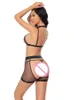 Sexy Mesh Body Allure Abierta entrepierna Brasa Transparente SEXSI Mujeres Juego de lencería erótica Bikini ropa interior