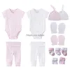 Clothing Sets Solid Color Born Cotton Bodysuits Pants Gloves Hats Socks Baby Girl Clothes Unisex Short Sleeve Boy Bebes 230808 Drop Dhpft