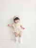 Rompers Fashion Flower Print Baby Girl Korte mouw Bodysuit katoenen prinses Kleding 2023 Zomer nieuwe baby jumpsuitkleding H240423