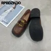 Casual Shoes Sheepskin Brown Women Slip On Loafers Low Heel Slippers Square Toe Block äkta läderbilder Halva metallmulor Patent