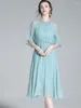 Abiti casual Evnisi Women Chiffon Dress o-Neck Office Elegant Blue A-Line Fairy Chain Belt for Party Vestido