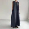 Été japonais et coréen chic décontracté simple lâche swing sans manches longues robe en lin en coton pour femmes