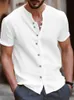 Retro Style Summer Mens Casual Cotton Linen Shirt Mock Neck Solid V-Neck Short Sleeve Loose Top Handsome Shirt US Size 240418