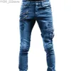 Women's Jeans Retro motorcycle straight elastic jeans mens zipper hole street clothing punk tight denim cargo pants Pantalones Hombre Y2K clothing yq240423