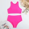 New Swimsuit Women's Solid Color Nylon Sports Vest Split High Waisted Swimsuit Women's