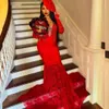 Sexy Red Mermaid Prom Dress For African Black Girls V Neck Crystals Beaded Formal Party Gowns Vestidos De Gala