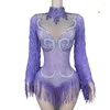 Stage Wear Style Purple Sparkly Rhinestone Women Jumpsuit Sexy Transparant Mesh Tassel Suit Performance Nightclub Show Outfit