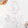 Kobiety stroje kąpielowe Elastyczne stroje kąpielowe Trzyczęściowe kobiety Criss Cross koronkowe bikini zestaw z strinacją spódnicę seksowną na plażę