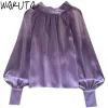 Glasses Wakuta Mesh Temperament Silk Blouses Long Lantern Sleeve Transparent Purple Apricot Bowknot Ribbon Spring Elegant Shirts Tops