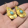 Dangle Chandelier Ethnic Creativity Oval Inlaid with Blue Stone Earrings Vintage Gold Color Metal Carved Patterns for Women H240423