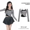 Y2K Grey Two Piece Set Spicy Girl Top Slim Sexy Sexy Sweet Femmes Short Shirt Off épaule T-shirt à manches longues Hanging Col Bow 240416