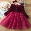 Flickaklänningar Girls One Piece Set Spring Autumn Sequin Dress Fluffy GASE Soft Fashion All-Match Princess Outdor Party