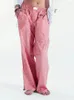 Damesbroek mode losse lange elastische taille side split -geruit brede been recht met zakken vrouwelijke casual broek