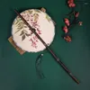 Figurine decorative Fan cinese stampato in stile antico Hanfu Purple Bamboo Manico lungo Nappina Curlable Hanging Waist