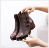 Stivali Rushiman vera pelle in pelle spessa tacco spessa caviglia a mano ricamato da donna ricamato scarpe per leisure invernale autunno nuda