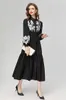 Women's Runway Dresses Turn Down Collar Long Sleeves Embroidery Elastic Waist Ruffles Fashion Mid Vestidos