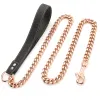 Lees 11/15 mm brede rosé goudkleurige roestvrijstalen stalen stoep Cuban Link Chain hondenriem met lederen handvat voor Pitbull Bulldog 3ft/4ft/5ft