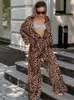 Dames tweedelige broek Yamiko 2024 mode losse luipaardsets vrouwen 2 stuks casual veter shirts met lange mouwen elastische taille pakken
