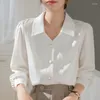 Kvinnors blusar White Satin Button Up Shirt Women 2024 Spring Fashion Long Sleeve Turn-Down Collar Woman Elegant Chic French Business Top