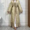 Roupas étnicas Bordado de lantejoulas abrem Kimono abaya Mulheres muçulmanas Eid Ramadan Cardigan Dress Dubai Kaftan Robe Árabe com cinto