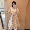 Party Dresses Luxury Summer Embroidery Sequin Midi Dress French High Quality Women O Neck Short Sleeve 3d Floral Soe Up Prom