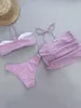 Mutada de banho feminina Três peças de malha de malha de crochê sexy sets de maiô para mulheres flores 3D Feminino feminino de banho de banho de praia 2#