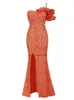 Casual Dresses Winter 2024 Women Luxury Sexy One Shoulder Sequins Orange Glitter Maxi Long Gowns Celebrity Trumpet Evening Party Club Dress