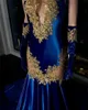 Royal Blue Lace Applique Sheath Prom Dresses Sheer Neck aftonklänningar med handskar Black Girls Mermaid Formal Party Dress Robes De Soiree