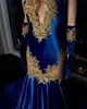 Royal Blue Lace Applique guaina abiti da ballo di ballo a torro a torro con guanti Black Girls Mermaid Formale Abito da festa DE SOIREE DE