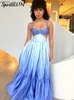 Basic Casual Dresses Sexy Low-cut Waist Hollow Out Backless Sling Dress Women Blue Gradient Patchwork Pleated Dresses 2024 Chic Evening Party VestidoL2404