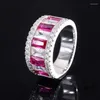 Cluster Rings 3x6mm Rectangle Shape Red Ruby Blue Sappire Clear Cubic Zircon 925 Sterling Silver Wedding Band Ring