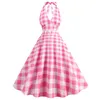 Hepburn Style British Barbie Pink Selling Womens Clothing Retro Halter Plaid tryckt stor svängklänning
