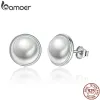 Kolczyki Bamoer moda 925 srebrne eleganckie piękno, okrągłe białe kciuki Pearl Kolczyki stadninowe Kobiety zaręczynowe biżuteria Brincos Pas489