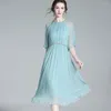 Abiti casual Evnisi Women Chiffon Dress o-Neck Office Elegant Blue A-Line Fairy Chain Belt for Party Vestido