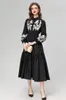 Women's Runway Dresses Turn Down Collar Long Sleeves Embroidery Elastic Waist Ruffles Fashion Mid Vestidos