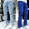 Men's Jeans 2024 High Street White Stacked Stretched Patchwork Tassel Damaged Denim Full Length Pants Hip-pop Trousers For Male
