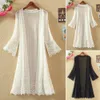 Summer Beach Cover Up Mid Long Seethrough Lace Open Front Front Sun Screation Crochet Cardigan Streetwear 240416