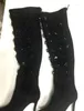 Boots Bling Black Gem Hingestone Embellie Spring Knee Femme Femelle Talons fines chevaliers Fashion pointu Point Bottine Zapato